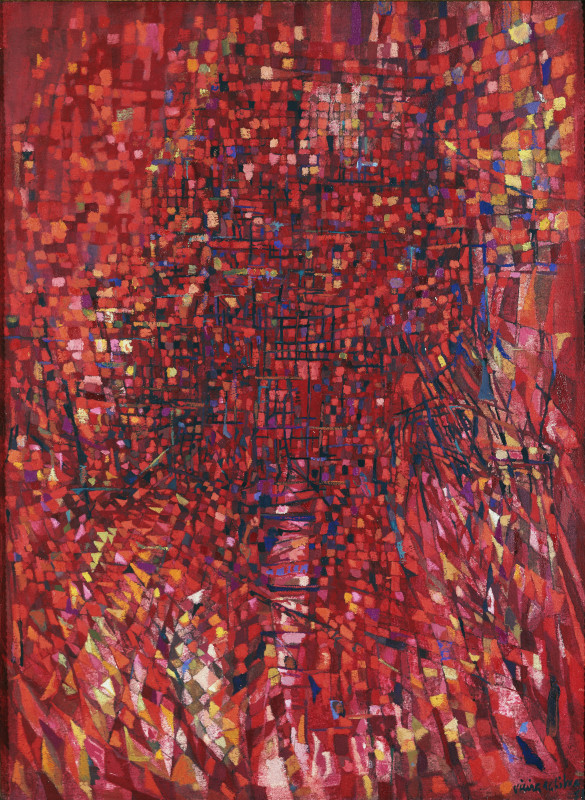Maria Helena Vieira da Silva. L’œil du labyrinthe. : Intérieur rouge, 1951 huile sur toile, Hauteur : 81 cm ; Largeur : 60 cm, collections du musée des beaux-arts de dijon